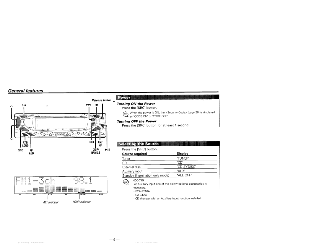 Kenwood KDC-X559, KDC-X659, KDC-719, KDC-MP819 instruction manual General features, Disp NAME.S, Tuner, Aux, All Off 