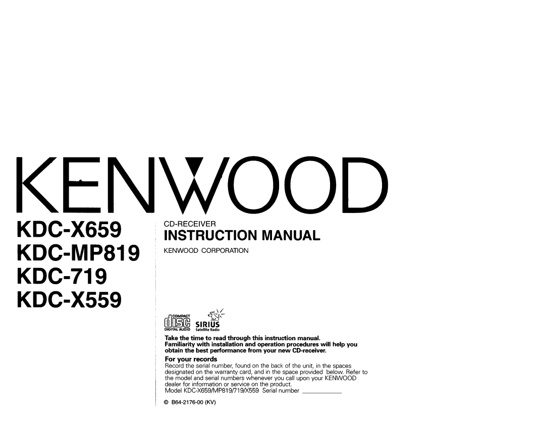 Kenwood KDC-X559 instruction manual Cd-Receiver, Kenwood Corporation, For your records, KDGX659, Instruction Manual 