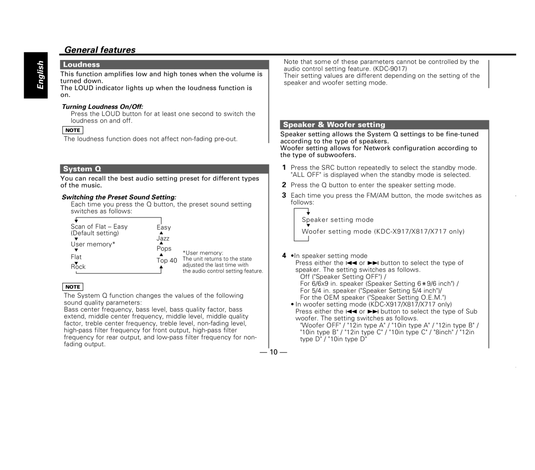 Kenwood KDC-X717 Speaker & Woofer setting, System Q, Turning Loudness On/Off, Switching the Preset Sound Setting 