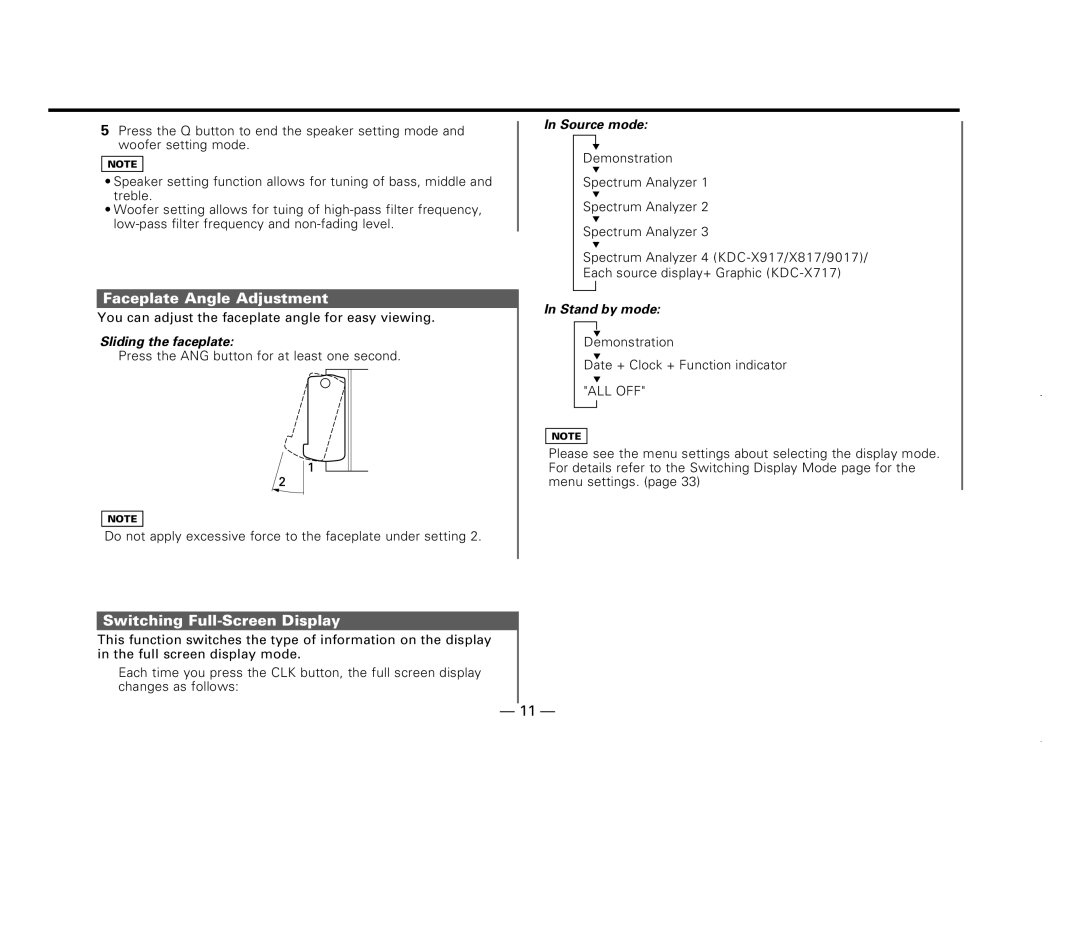 Kenwood KDC-X717 Faceplate Angle Adjustment, Switching Full-Screen Display, Sliding the faceplate, Source mode 