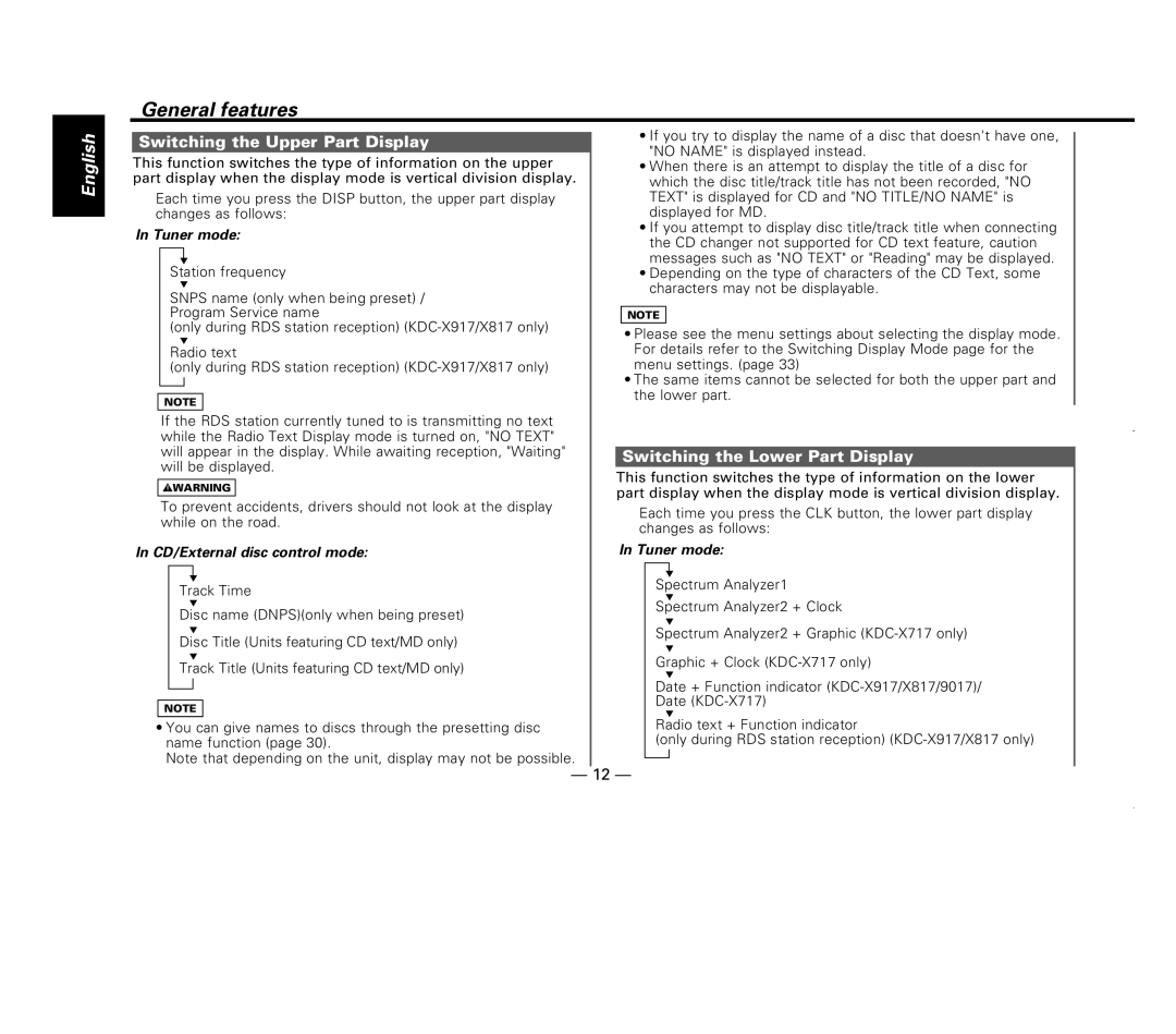 Kenwood KDC-X717 instruction manual Switching the Upper Part Display, Switching the Lower Part Display, Tuner mode 