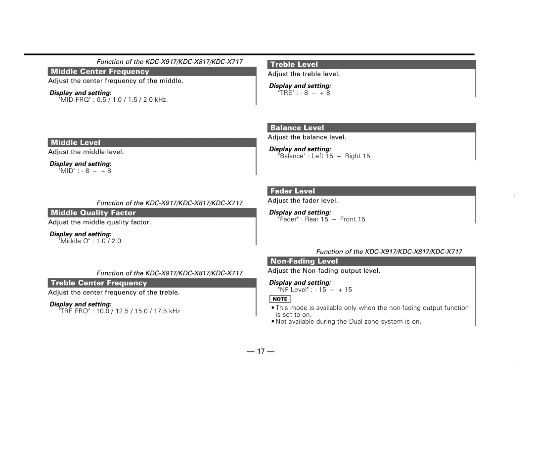 Kenwood KDC-X717 Middle Center Frequency, Treble Level, Middle Level, Middle Quality Factor, Treble Center Frequency 