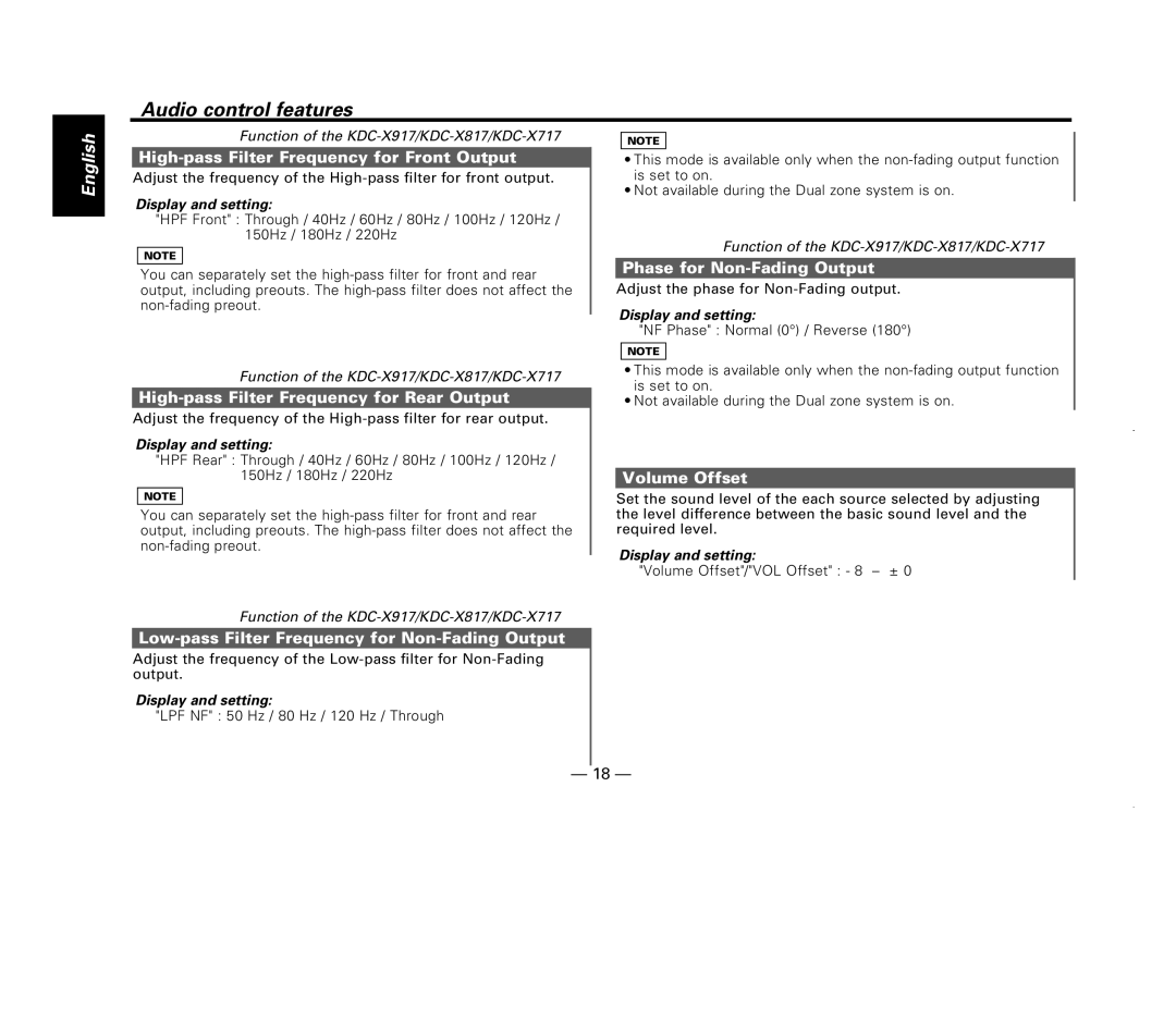 Kenwood KDC-X717 High-pass Filter Frequency for Front Output, High-pass Filter Frequency for Rear Output, Volume Offset 
