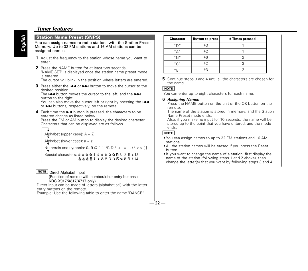 Kenwood KDC-X717 instruction manual Station Name Preset Snps, Assigning Names 