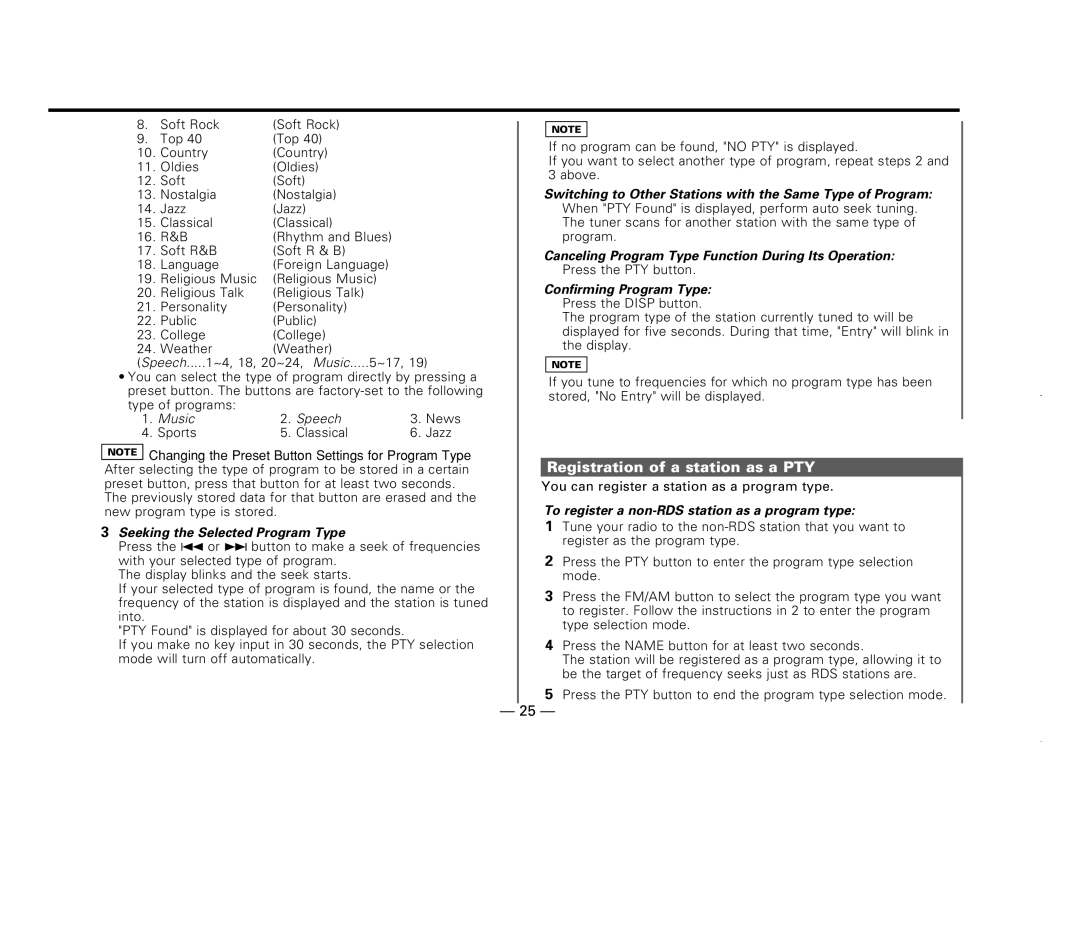 Kenwood KDC-X717 Registration of a station as a PTY, Seeking the Selected Program Type, Confirming Program Type 