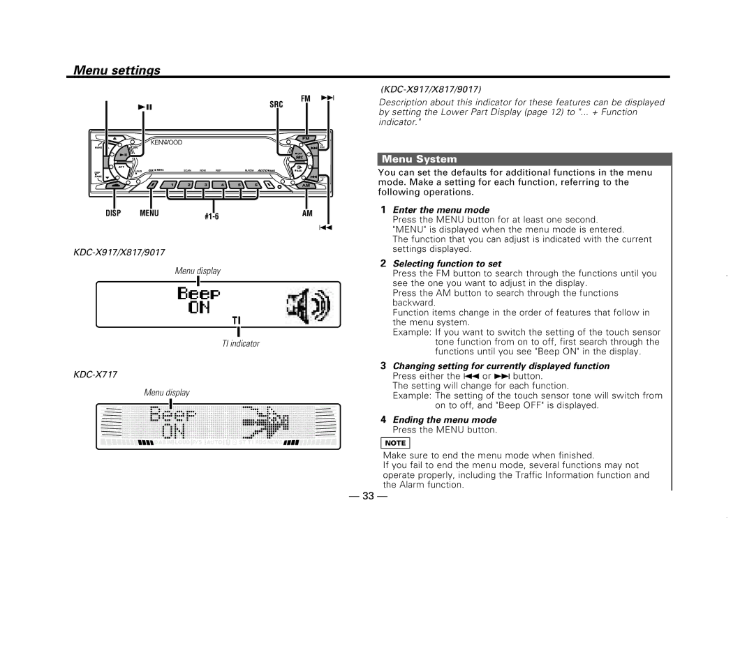 Kenwood KDC-X717 instruction manual Menu settings, Menu System, Enter the menu mode, Selecting function to set 