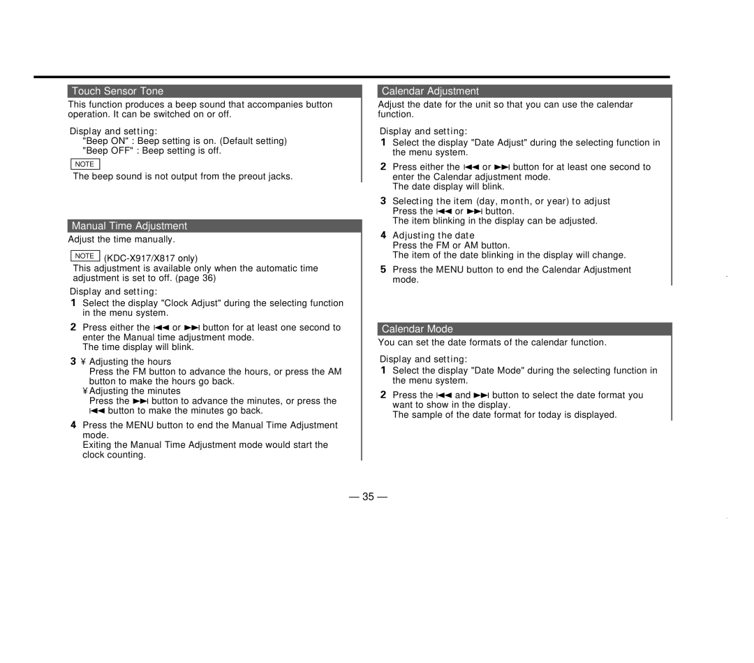 Kenwood KDC-X717 Touch Sensor Tone, Manual Time Adjustment, Calendar Adjustment, Calendar Mode, Adjusting the date 