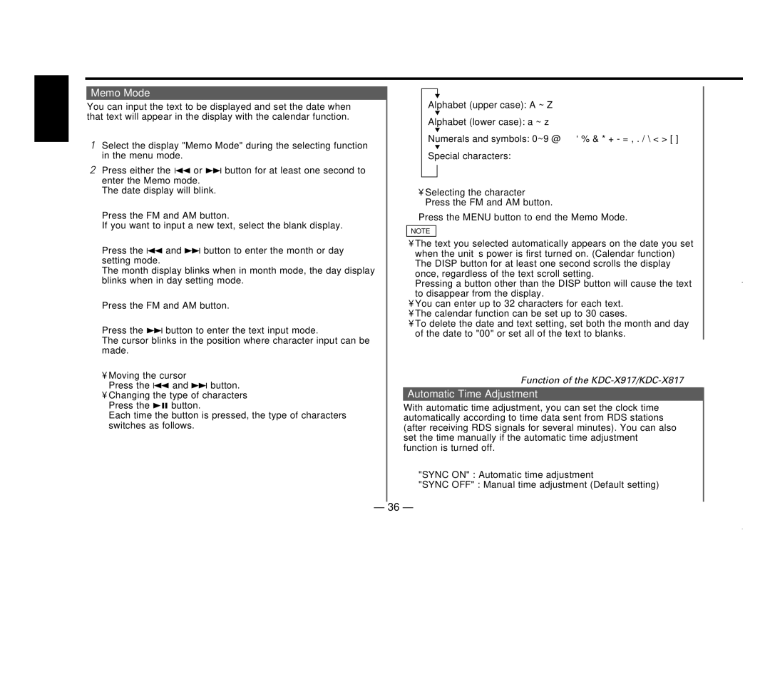 Kenwood KDC-X717 instruction manual Memo Mode, Automatic Time Adjustment, Entering the month or day setting mode 