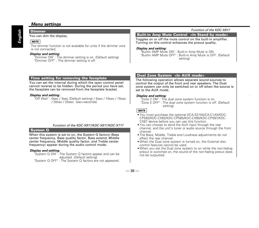 Kenwood KDC-X717 Dimmer, Built-in Amp Mute Control In Stand by mode, Time setting for removing the faceplate 