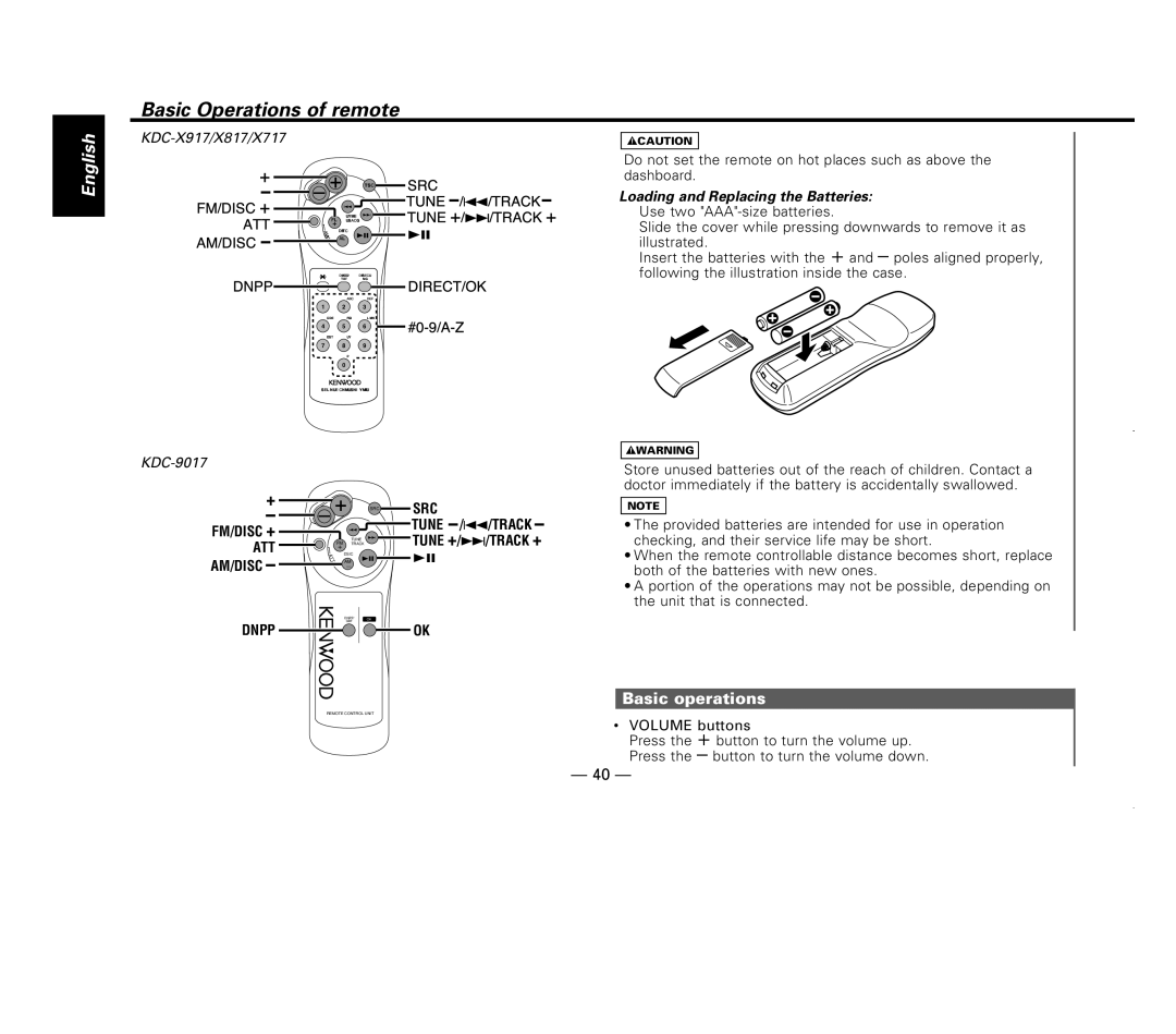 Kenwood KDC-X717 instruction manual Basic Operations of remote, Basic operations, Loading and Replacing the Batteries 