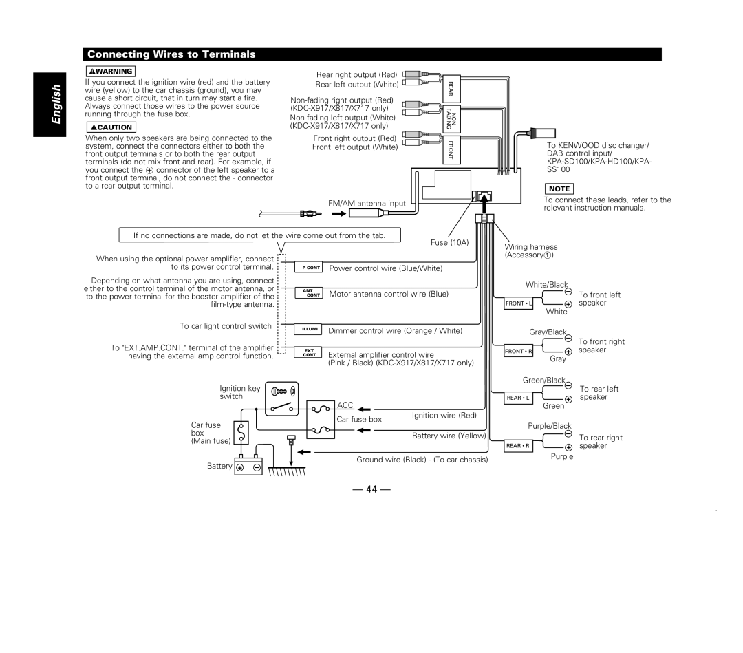 Kenwood KDC-X717 instruction manual Connecting Wires to Terminals, Battery + 