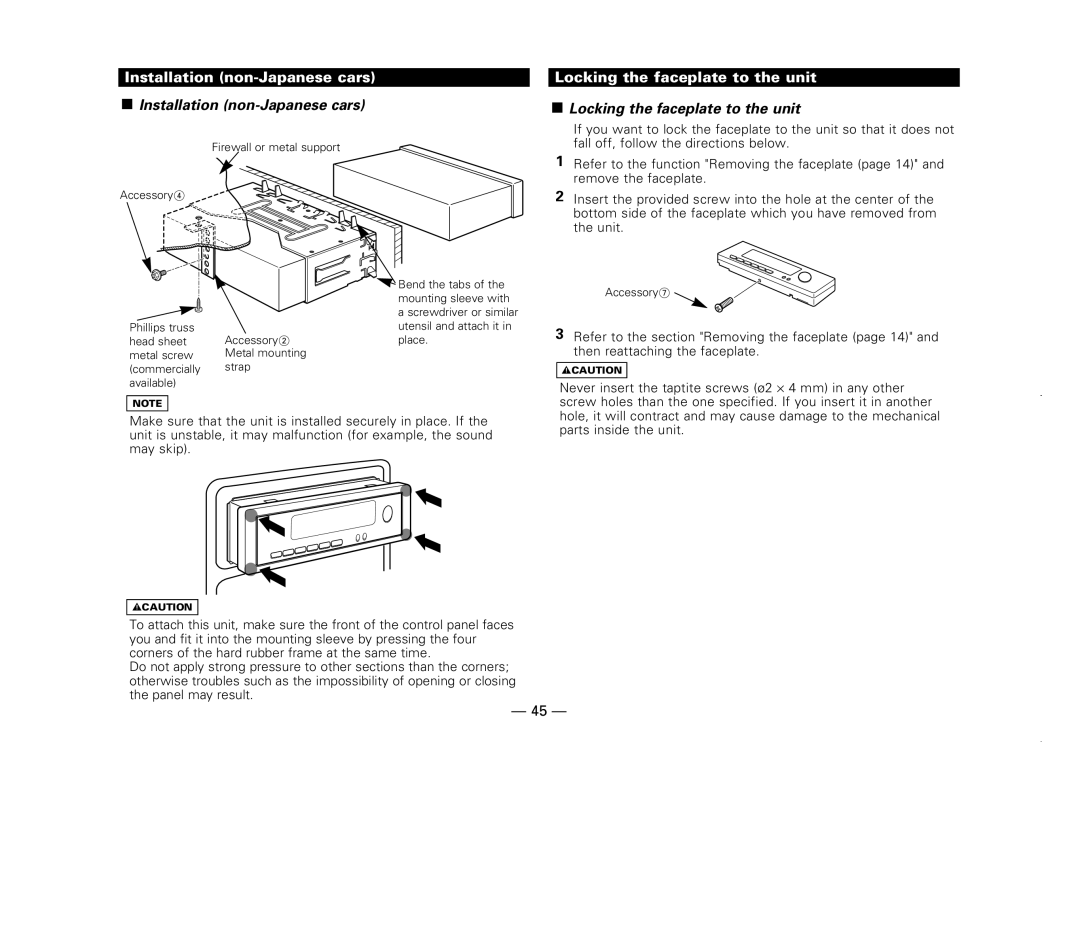 Kenwood KDC-X717 instruction manual Installation non-Japanese cars, Locking the faceplate to the unit 