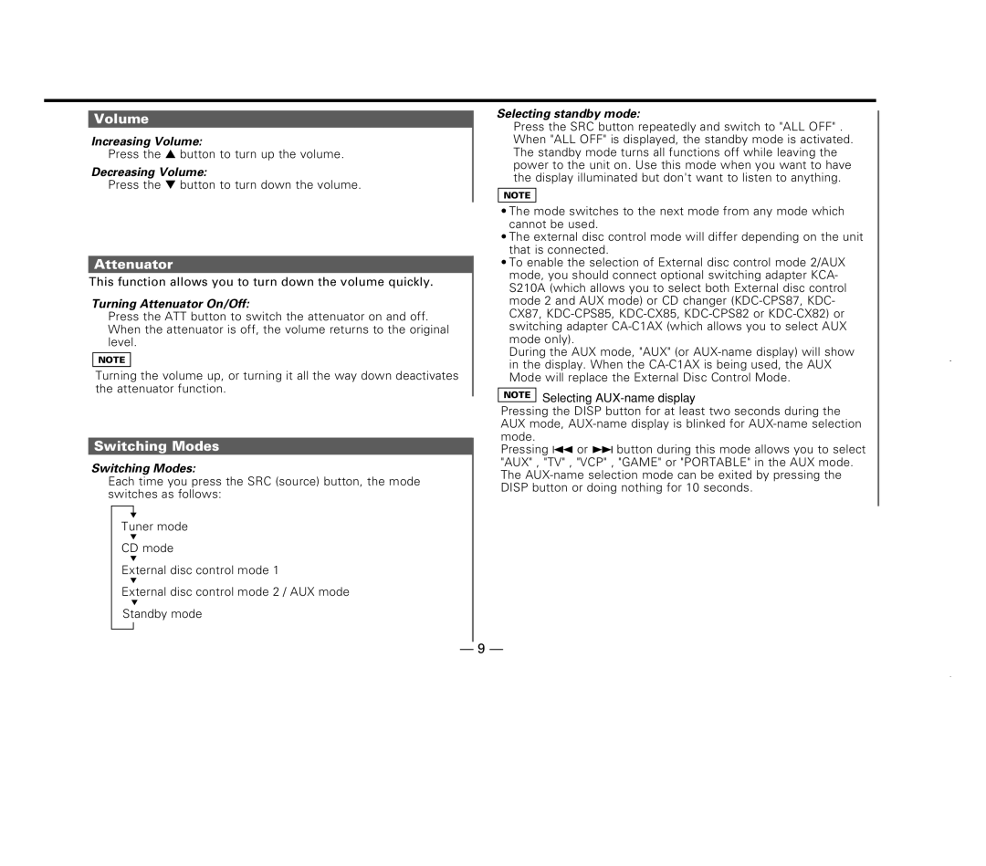 Kenwood KDC-X717 instruction manual Volume, Attenuator, Switching Modes 