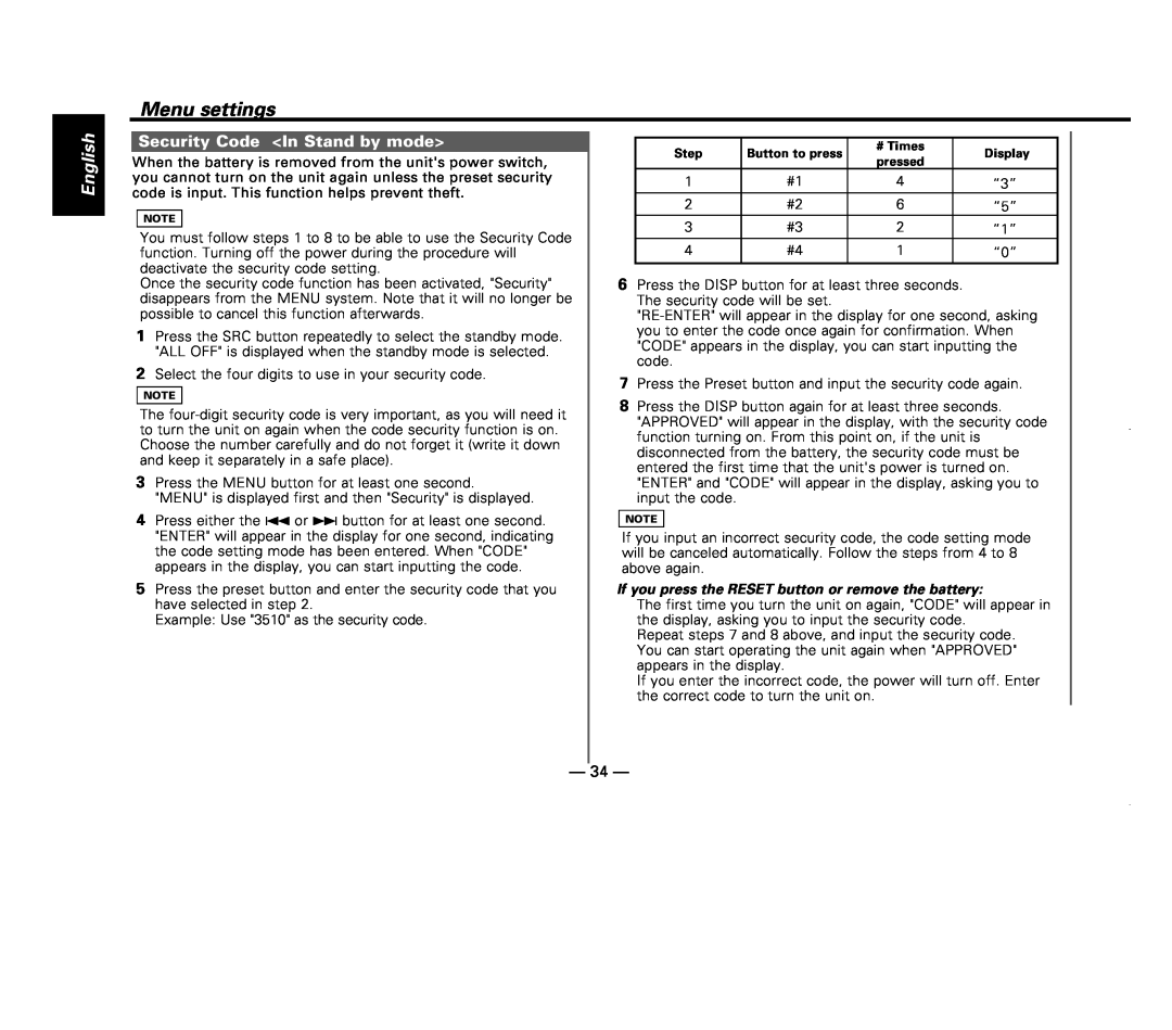 Kenwood KDC-X717 instruction manual Security Code In Stand by mode, Menu settings, English, 34 