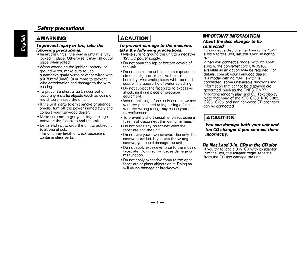 Kenwood KDC-X717 instruction manual Safety precautions, 2WARNING, English, 2CAUTION 