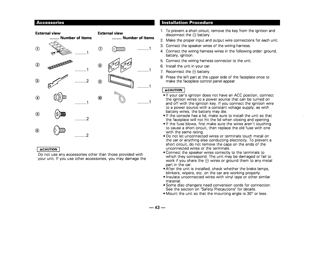 Kenwood KDC-X717 instruction manual Accessories, Installation Procedure, 1 2 3 4 5 6, External view, Number of items 