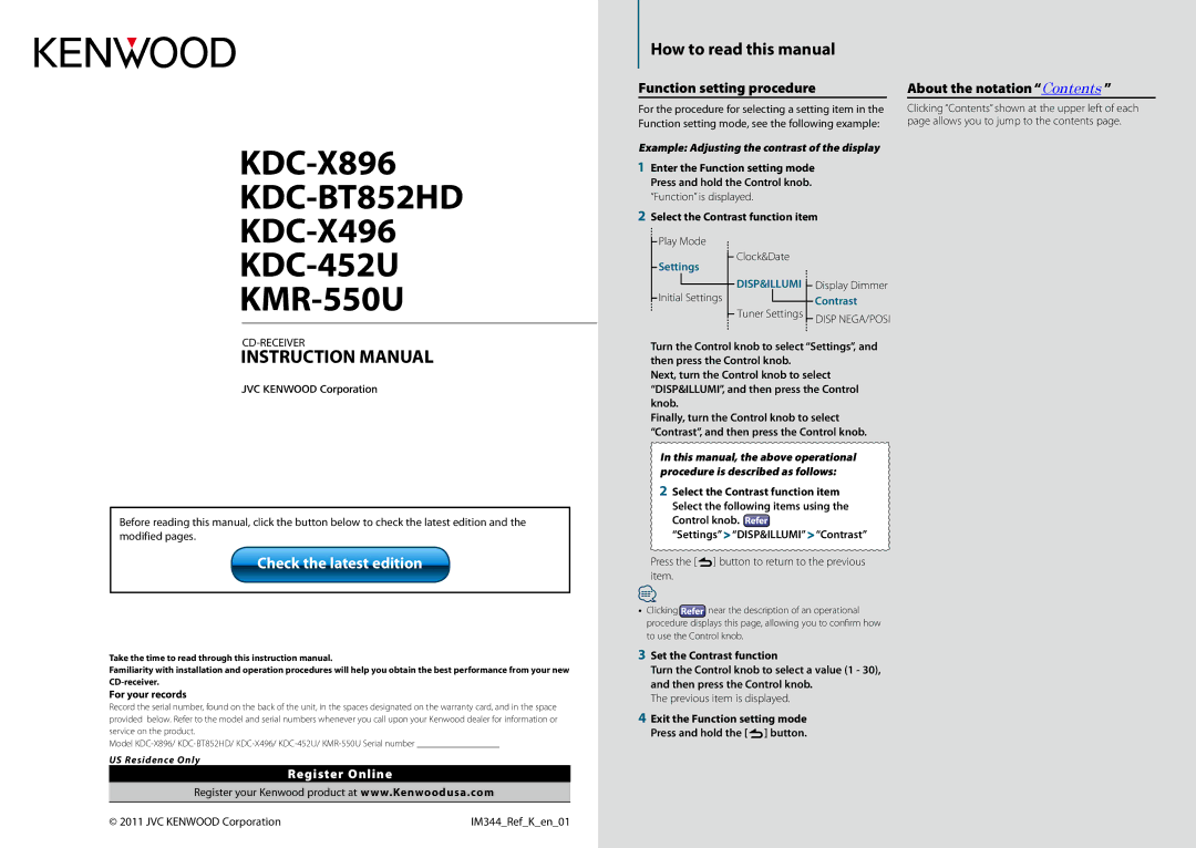 Kenwood KDC-452U instruction manual How to read this manual, Function setting procedure, About the notation Contents 