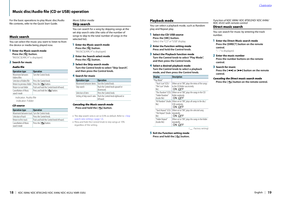 Kenwood KDC-X896, KDC-452U, KDC-BT852HD, KDC-X496 Music disc/Audio file CD or USB operation, Direct music search, CD source 