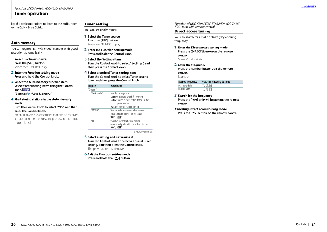 Kenwood KDC-452U, KDC-X896, KDC-X496 Tuner operation, Auto memory, Tuner setting, Canceling Direct access tuning mode 