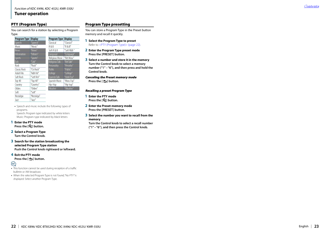 Kenwood KDC-BT852HD, KDC-X896, KDC-452U, KDC-X496, KMR-550U instruction manual PTY Program Type, Program Type presetting 