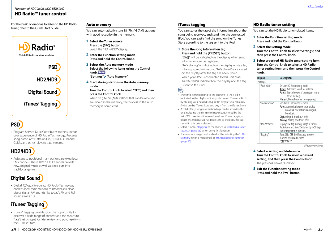 Kenwood KDC-X496, KDC-X896 HD Radio tuner control, ITunes tagging, HD Radio tuner setting, Select the Setting mode 