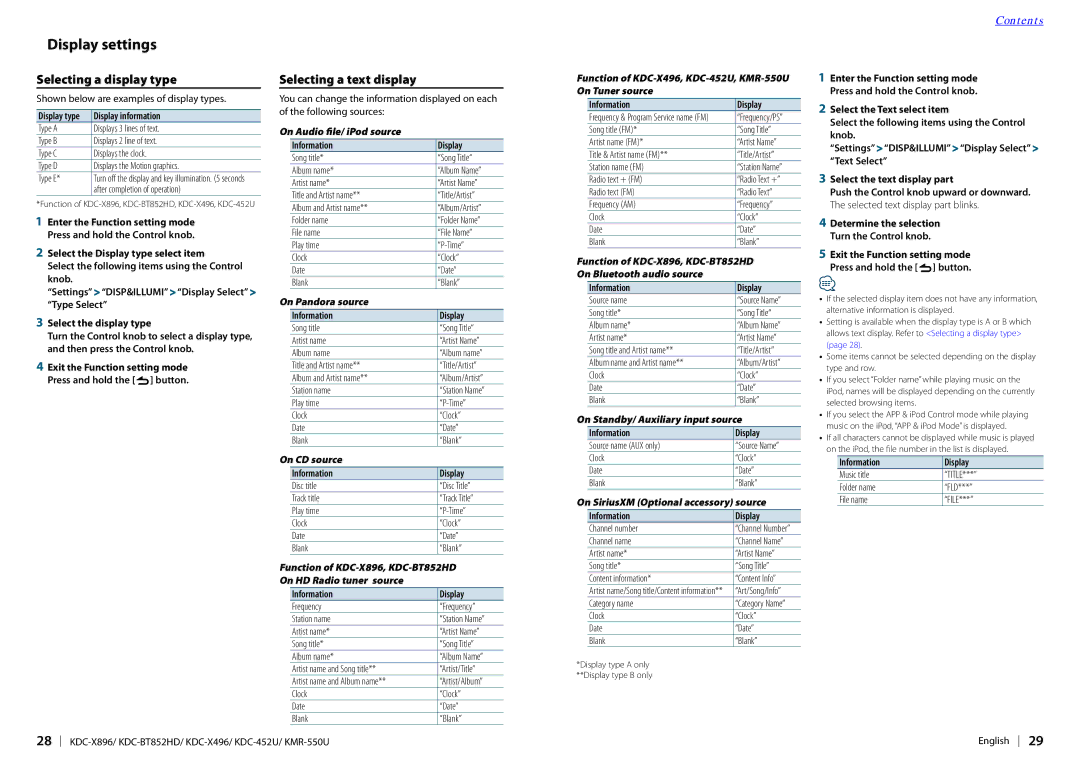 Kenwood KDC-X896, KDC-452U, KDC-BT852HD, KDC-X496 Display settings, Selecting a display type, Selecting a text display 