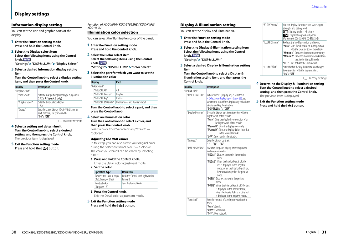 Kenwood KDC-452U, KDC-X896 Information display setting, Illumination color selection, Display & Illumination setting 