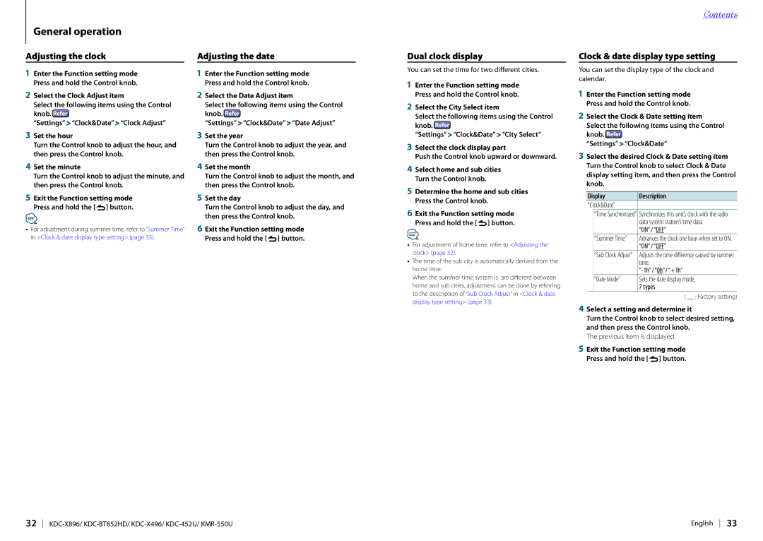 Kenwood KDC-BT852HD, KDC-X896, KDC-452U General operation, Adjusting the clock, Adjusting the date, Dual clock display 