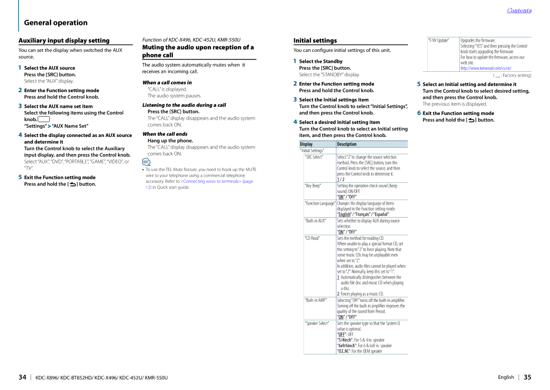 Kenwood KDC-X496 Auxiliary input display setting, Muting the audio upon reception of a phone call, Initial settings 