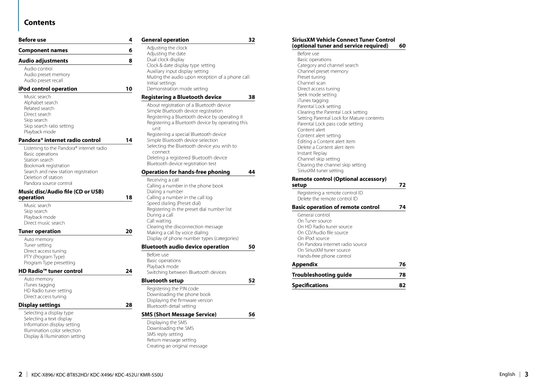 Kenwood KDC-BT852HD, KDC-X896, KDC-452U, KDC-X496, KMR-550U instruction manual Contents 