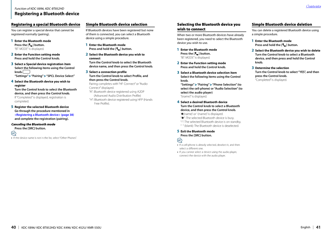 Kenwood KDC-452U Registering a special Bluetooth device, Simple Bluetooth device selection, Canceling the Bluetooth mode 