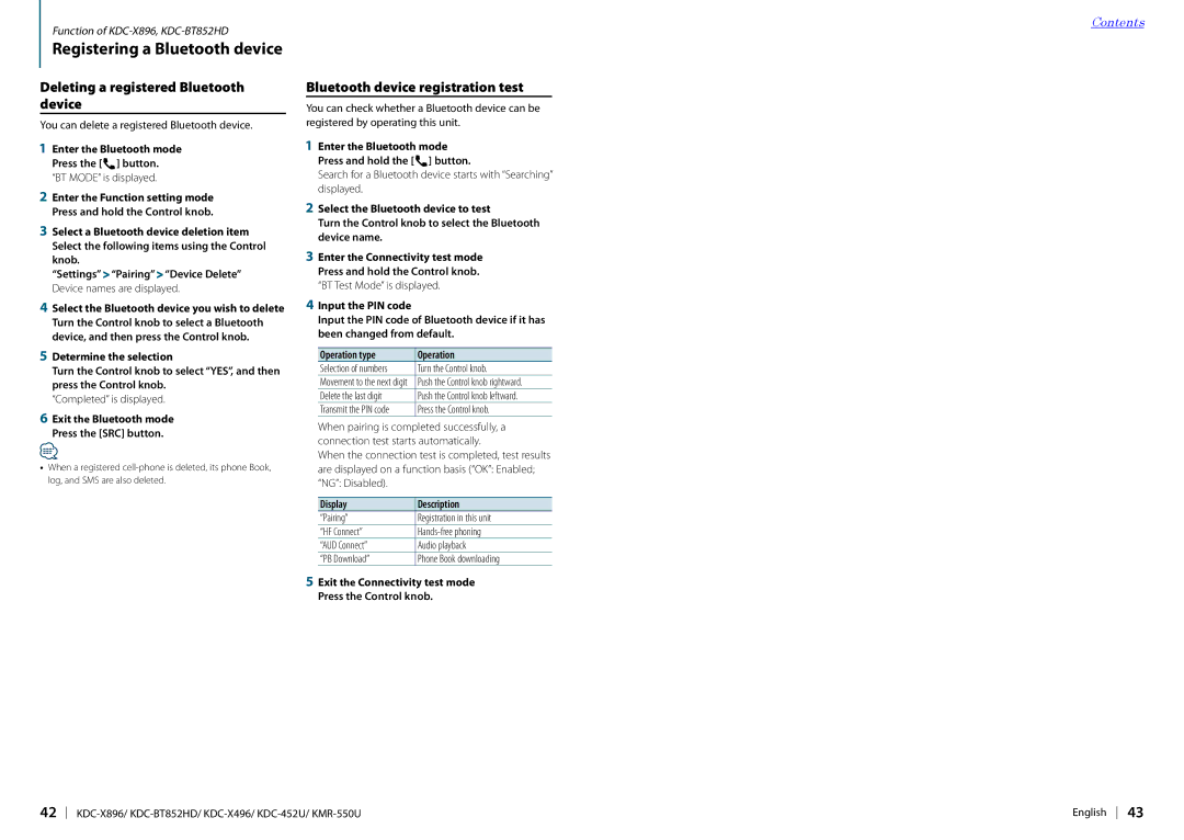 Kenwood KDC-BT852HD Deleting a registered Bluetooth device, Bluetooth device registration test, Delete the last digit 