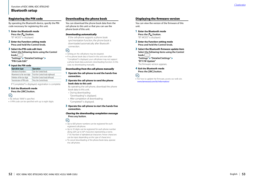 Kenwood KDC-BT852HD Bluetooth setup, Registering the PIN code, Downloading the phone book, Displaying the firmware version 