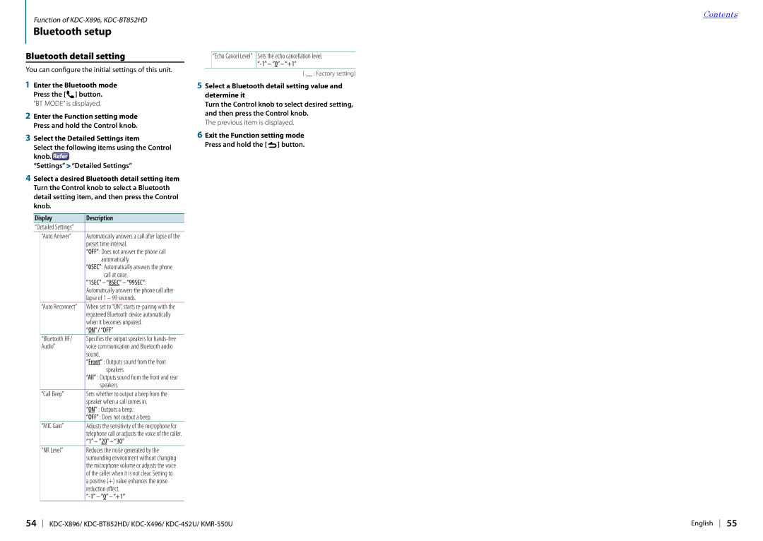 Kenwood KDC-X496, KDC-X896, KDC-452U, KDC-BT852HD, KMR-550U Bluetooth detail setting, Select the Detailed Settings item 