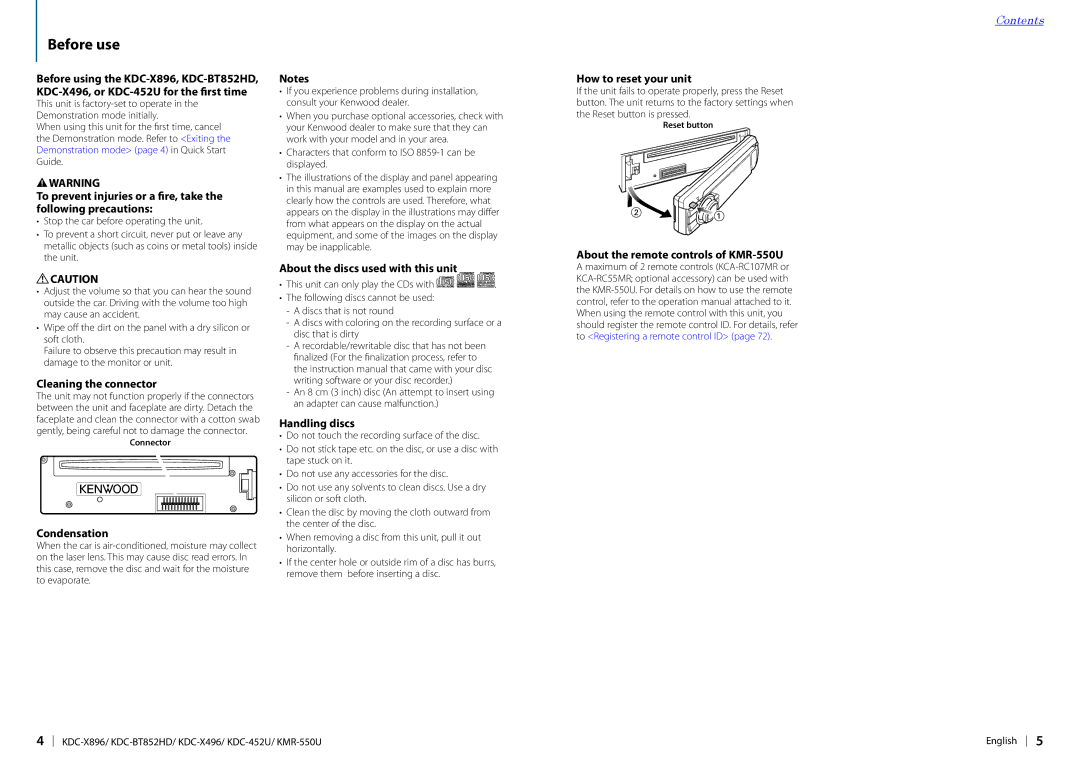 Kenwood KDC-X496, KDC-X896, KDC-452U, KDC-BT852HD, KMR-550U instruction manual Before use 