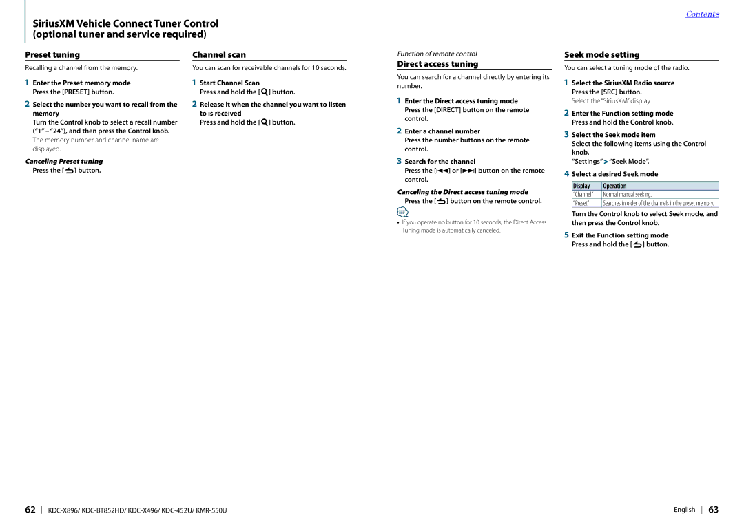 Kenwood KDC-BT852HD, KDC-X896, KDC-452U, KDC-X496, KMR-550U Channel scan, Seek mode setting, Canceling Preset tuning 