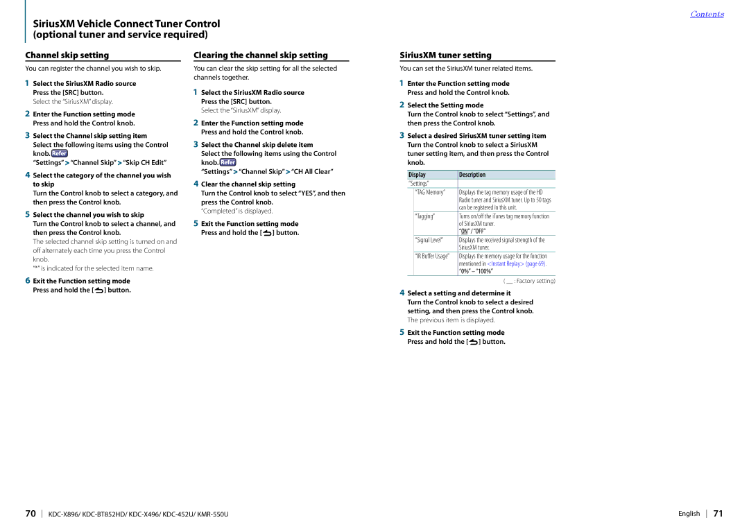 Kenwood KDC-452U, KDC-X896, KDC-BT852HD Channel skip setting, Clearing the channel skip setting, SiriusXM tuner setting 