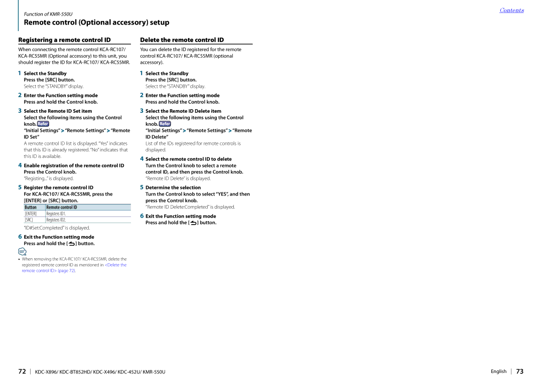 Kenwood KDC-BT852HD Remote control Optional accessory setup, Registering a remote control ID, Delete the remote control ID 