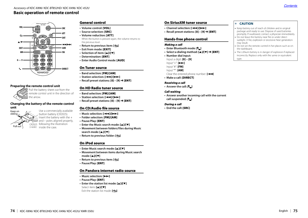 Kenwood KDC-X496, KDC-X896, KDC-452U, KDC-BT852HD, KMR-550U instruction manual Basic operation of remote control 