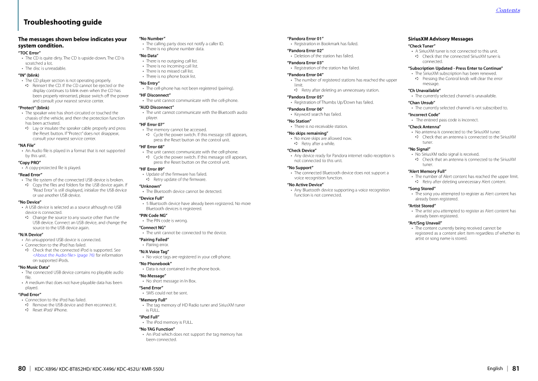 Kenwood KDC-452U, KDC-X896, KDC-BT852HD Messages shown below indicates your system condition, SiriusXM Advisory Messages 