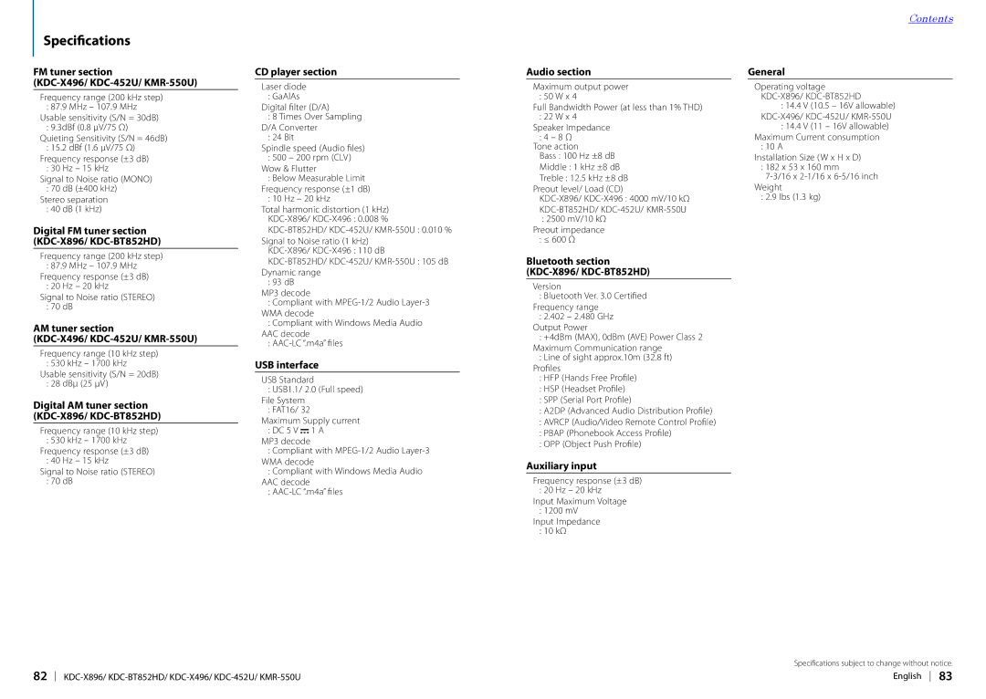 Kenwood KDC-BT852HD, KDC-X896, KDC-452U, KDC-X496, KMR-550U instruction manual Specifications 