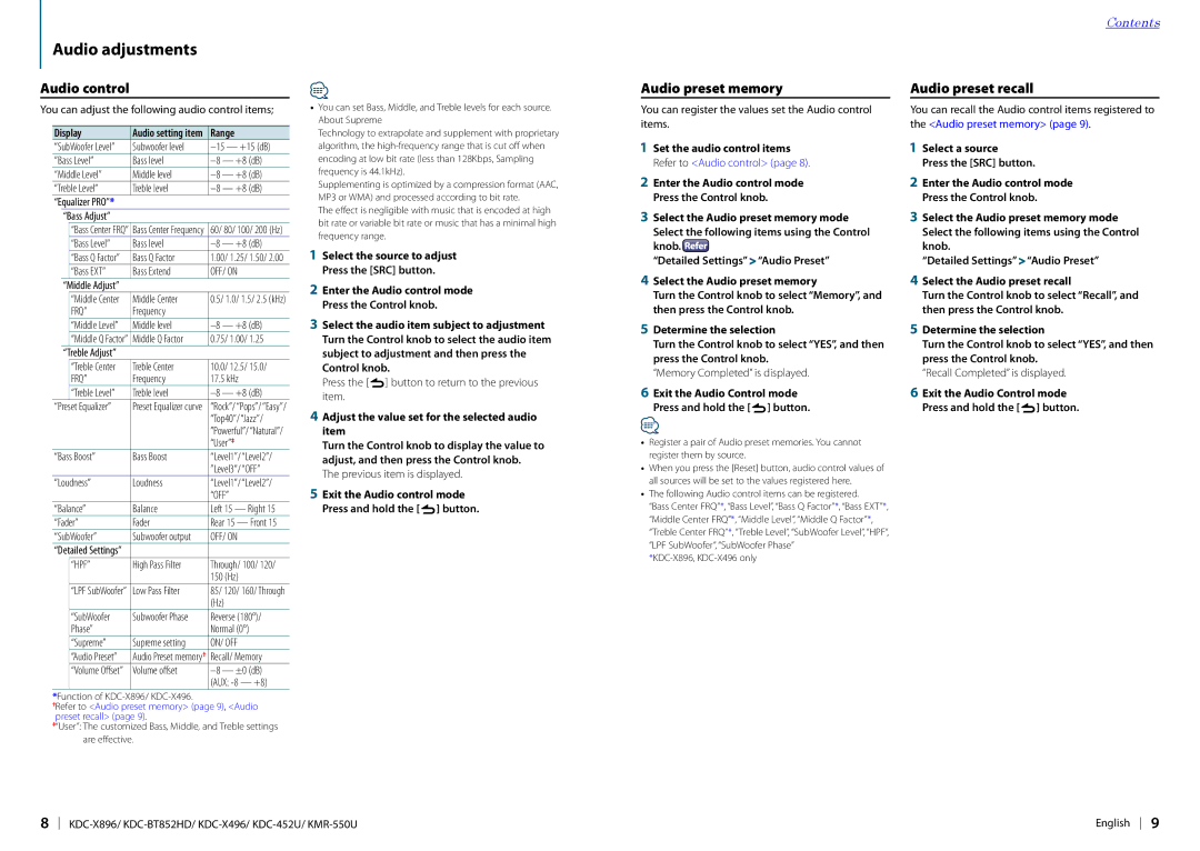 Kenwood KDC-X896, KDC-452U, KDC-BT852HD, KDC-X496 Audio adjustments, Audio control, Audio preset memory, Audio preset recall 