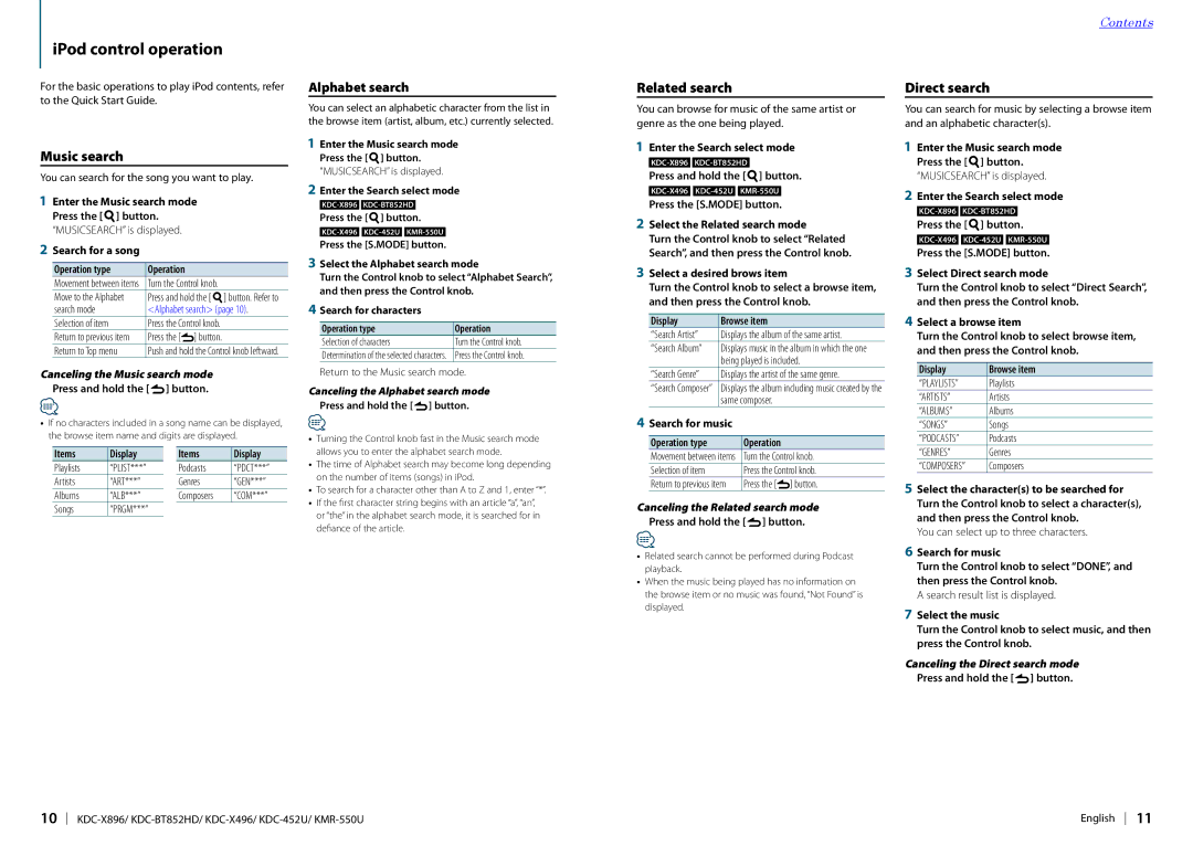 Kenwood KDC-452U, KDC-X896, KDC-X496 IPod control operation, Music search, Alphabet search, Related search, Direct search 