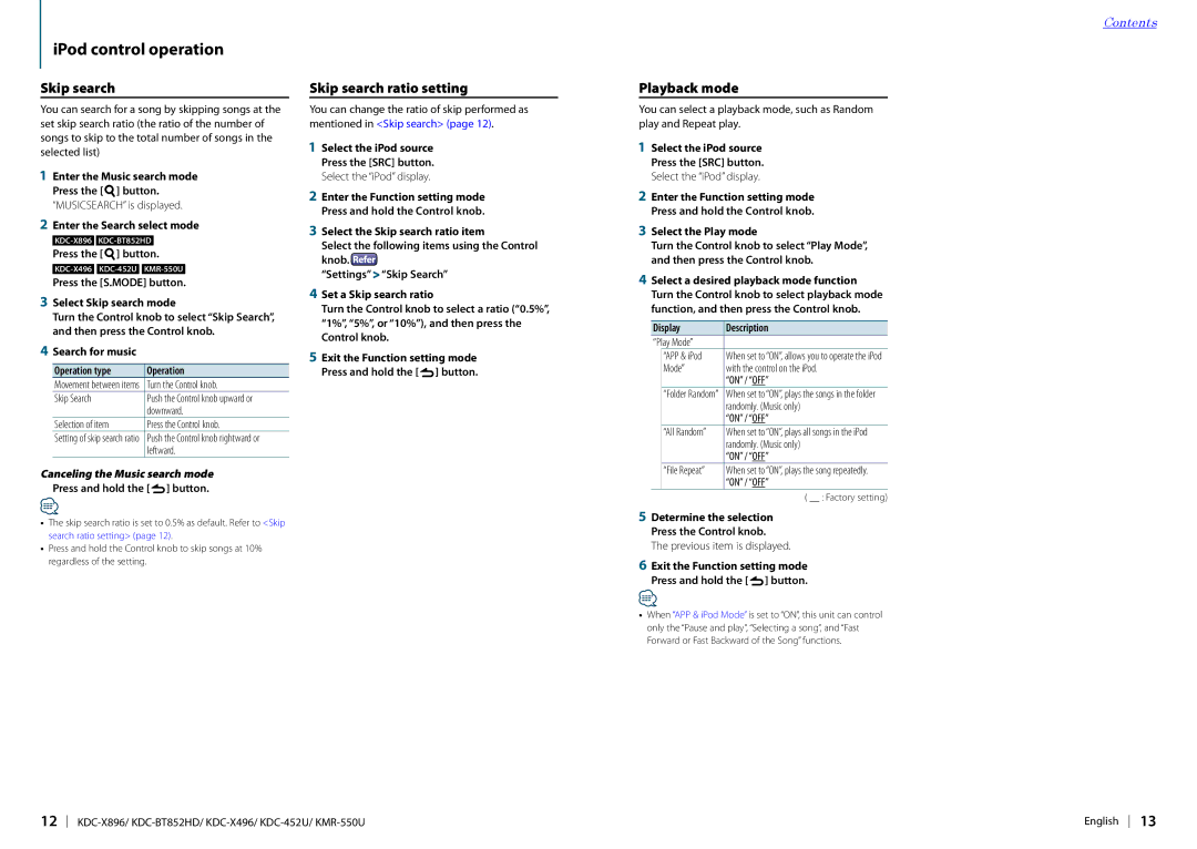 Kenwood KDC-BT852HD, KDC-X896, KDC-452U, KDC-X496, KMR-550U instruction manual Skip search ratio setting, Playback mode 