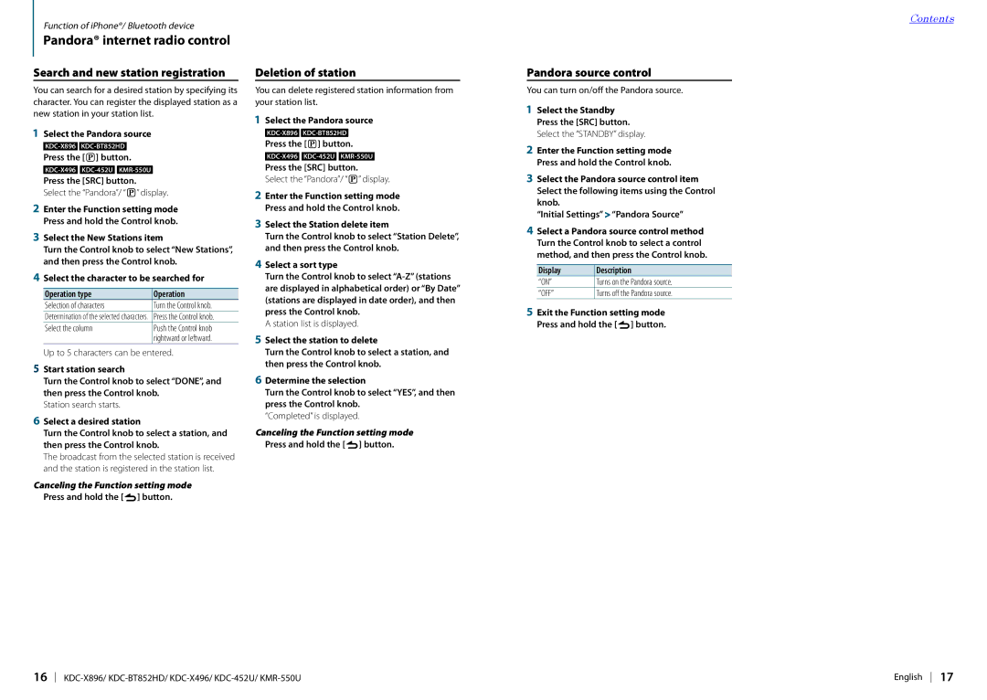 Kenwood KMR-550U, KDC-X896, KDC-452U Search and new station registration, Deletion of station, Pandora source control 
