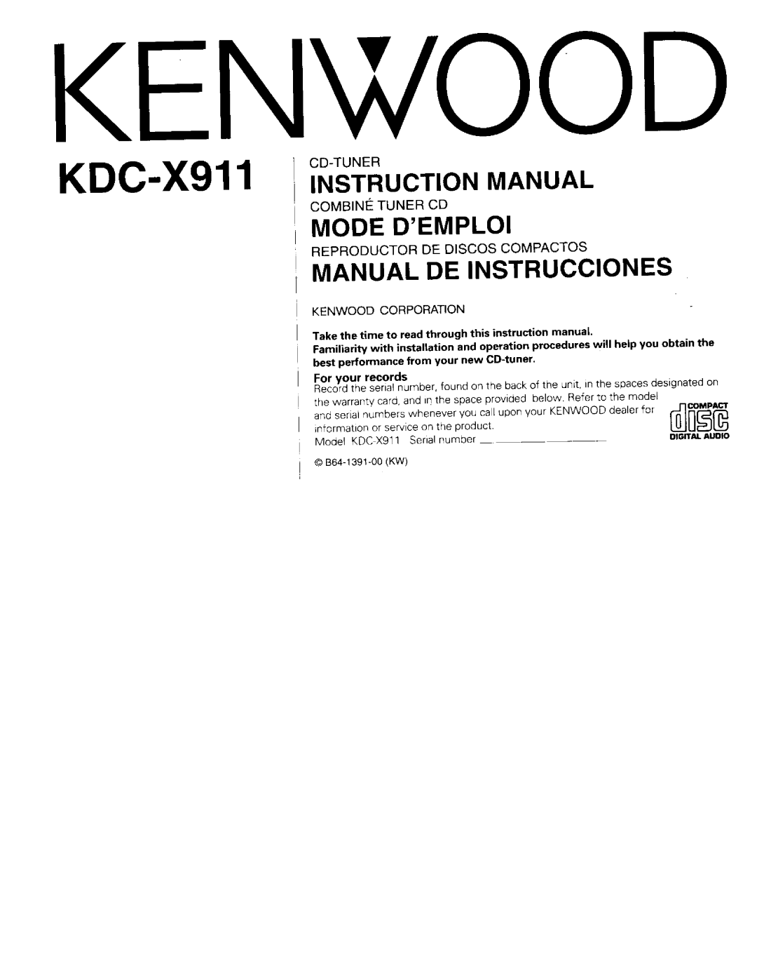 Kenwood KDC-X911 manual 