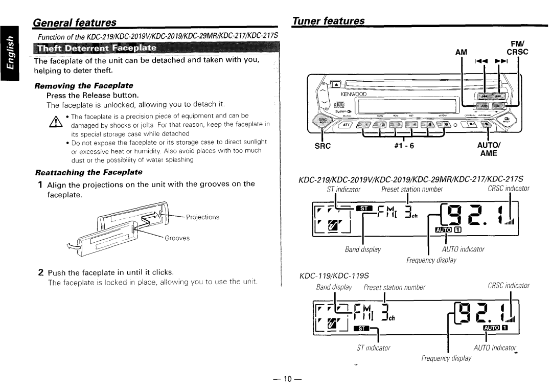 Kenwood KDG29MR, KDG2019V, KDG217S Tuner features, Src, KDC-219/KDC-2019V/KDC-2019/KDC-29MR/KDC-217/KDC-217S, STmd/cator 