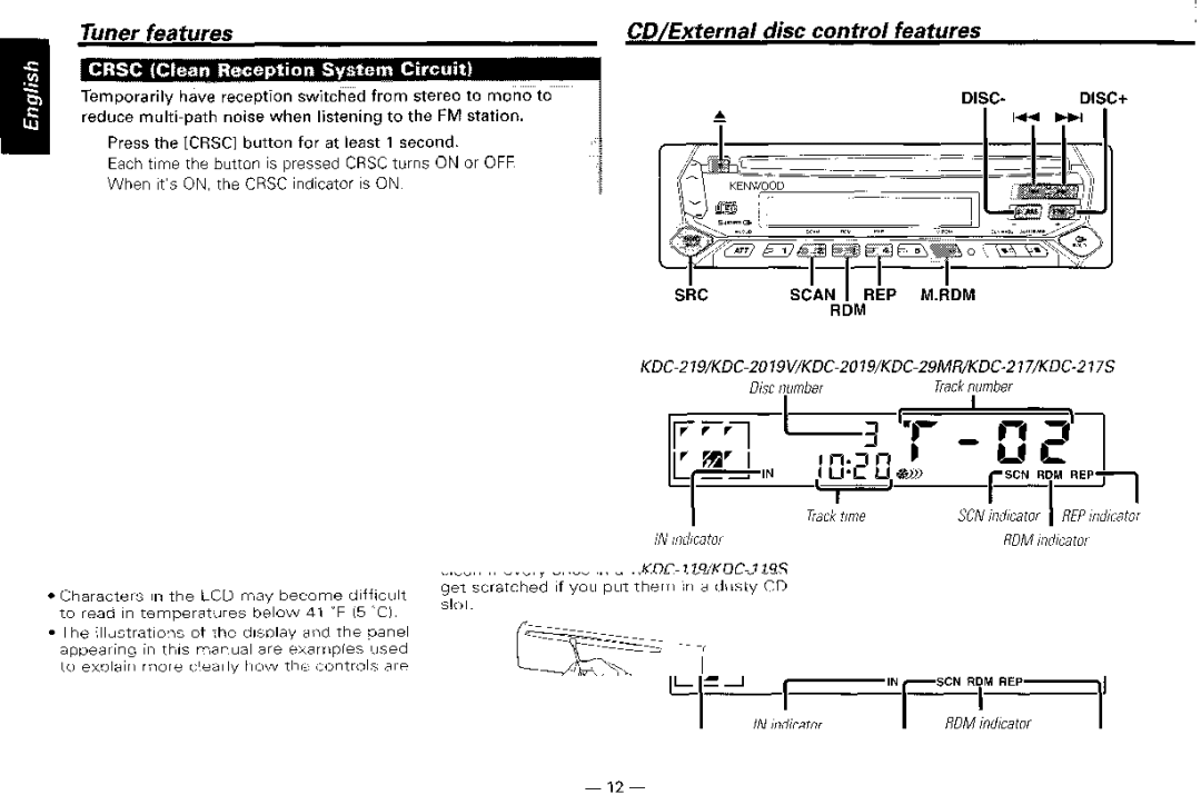 Kenwood KDG2019V CD/External disc control features, Disc-Di Rdm, Iv indicator RDMindxator KDC- 7IS/KDC- 179s Tracknumber 