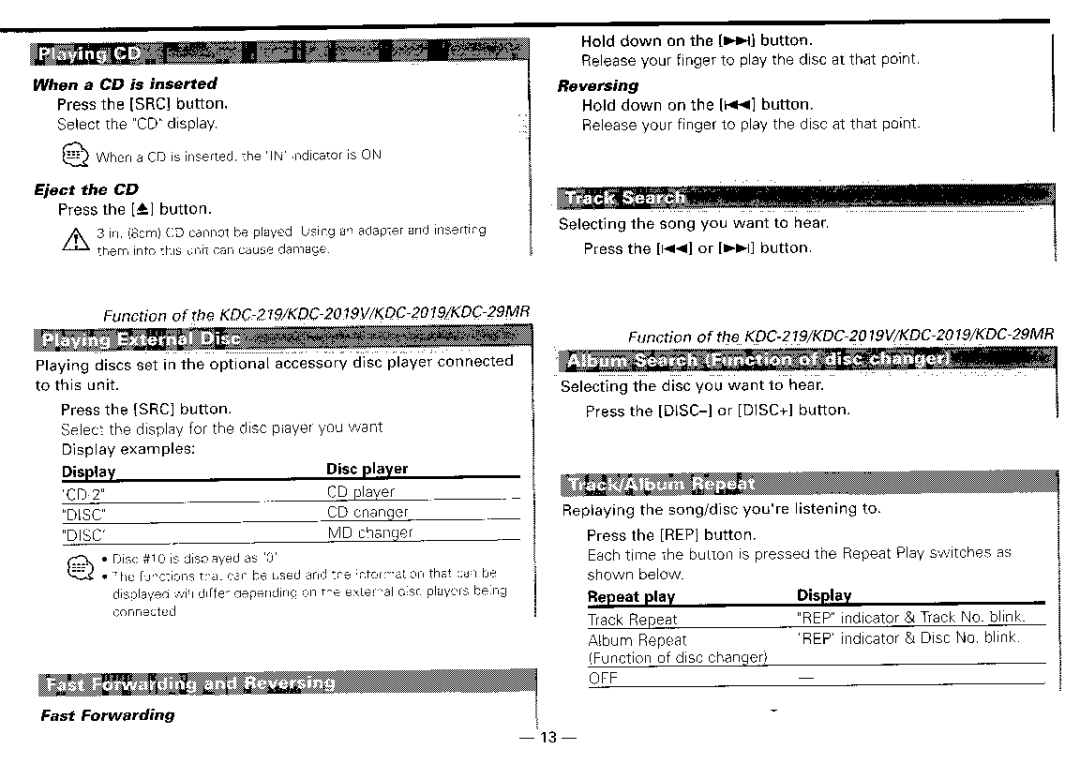 Kenwood KDG217S, KDG2019V, KDG29MR, KDG119S instruction manual Album Repeat REP indicator Disc No. blink, Changer 
