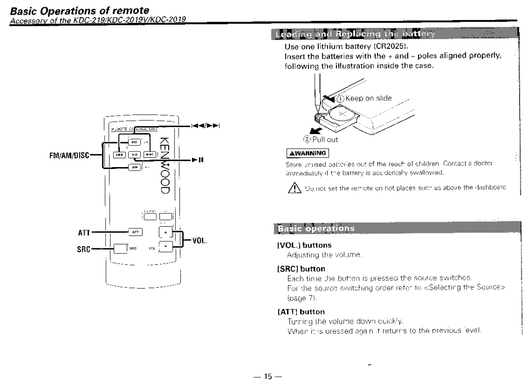 Kenwood KDG119S, KDG2019V, KDG217S, KDG29MR instruction manual Basic Operations of remote, Srci button, ATT button 